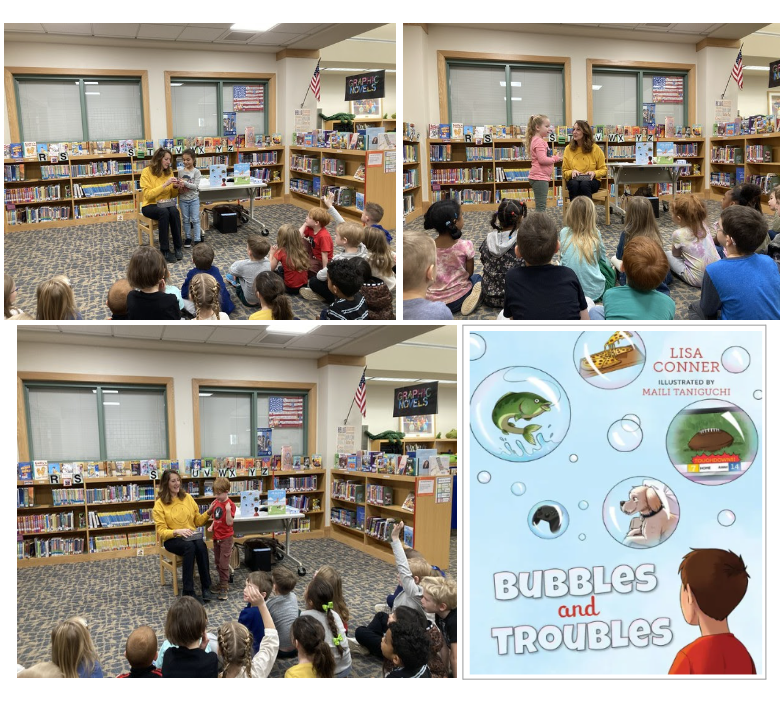 Author in the library talking to students 